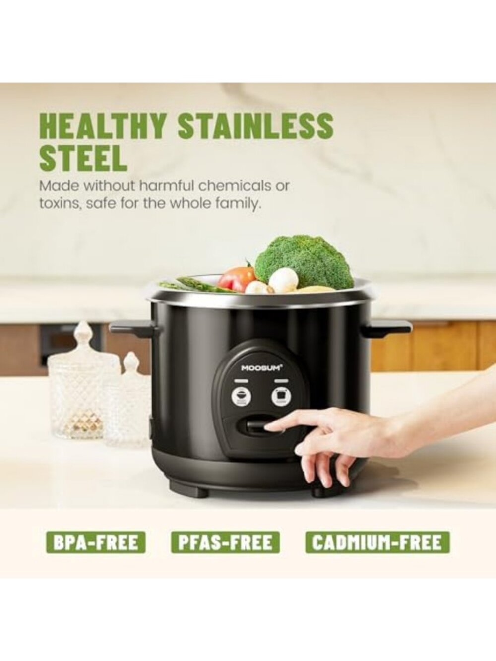 Compact 3-Cup Rice Cooker with Stainless Steel Pot, One-Touch Multifunction - Picture 5 of 6